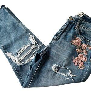 Garage Floral‎ Embroidered Distressed Straight Leg High  Rise Jeans Size 7